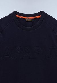 Navy blue sweatshirt with a round neck, featuring raised embroidery spelling "NAPAPIJRI" across the front and orange accents at the collar.