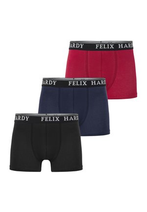 Drei Paare Herren-Boxershorts in Schwarz, Marineblau und Rot, mit einem schwarzen elastischen Bund, der mit "FELIX HARDY" Branding versehen ist.