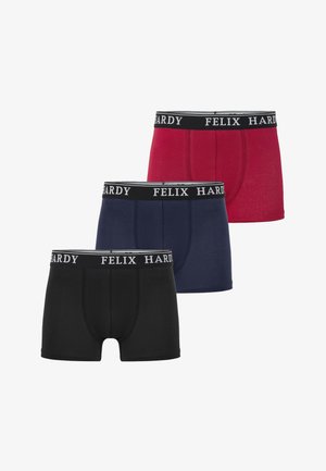 Tři páry pánských boxerky v černé, tmavě modré a červené barvě, s černým elastickým pasem s brandingem "FELIX HARDY".