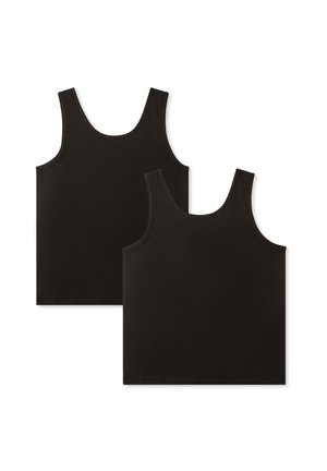 Canottiere nere in cotone con spalline larghe, caratterizzate da una texture liscia e un design semplice, privo di embellishments. Due pezzi esposti.