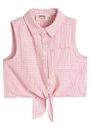 Top court sans manches à carreaux rose et blanc avec col, poche poitrine, boutons et nœud devant pour enfants de 4 à 5 ans.
