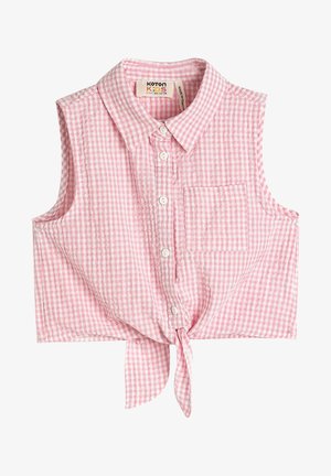 Top court sans manches à carreaux rose et blanc avec col, poche poitrine, boutons et nœud devant pour enfants de 4 à 5 ans.