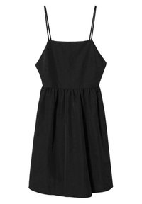 Czarna sukienka bez rękawów z cienkimi ramiączkami, marszczonym wcięciem w talii i krótką, rozkloszowaną spódnicą. Wykonana z lekkiego materiału o gładkiej fakturze.