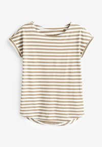 Chemise à manches courtes rayée en beige clair et blanc, avec un ourlet arrondi et une texture de tissu douce. Design simple et décontracté.