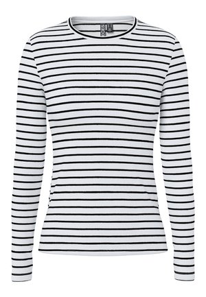 Fehér bordázott hosszú ujjú póló keskeny fekete vízszintes csíkokkal és kerek nyakkivágással.