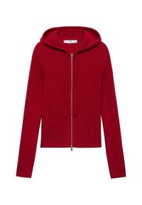 Sweat à capuche rouge côtelé avec manches longues, fermeture éclair et cordon de serrage à la capuche. Texture douce, coupe courte. Éléments en métal argenté.