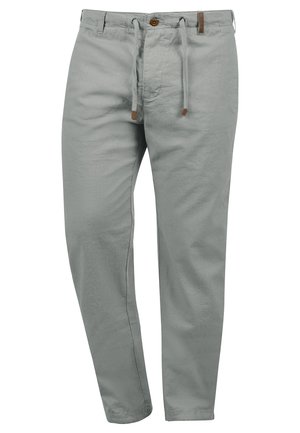 Light gray cotton pants with an adjustable drawstring waistband, a button closure, and straight leg design; features subtle texture.