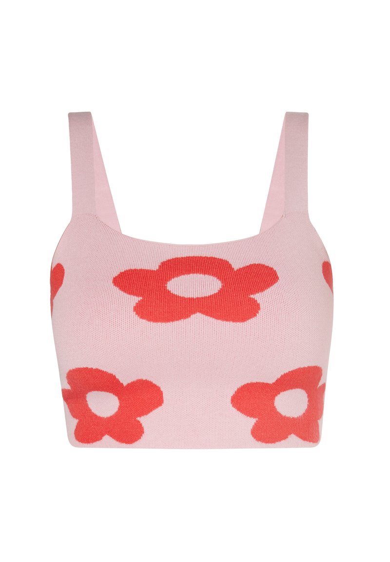 Bralet tricotat roz, cu modele mari de flori roșii, curelelate late și un design ajustat, potrivit pentru un confort sporit.