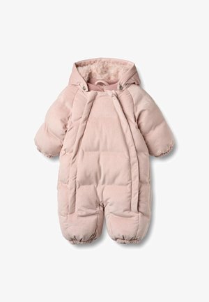 Rožinės korduroinės žieminės striukės kombinezonas su gobtuvu, paminkštintos tekstūros ir elastingomis rankogaliais. Priekyje yra spaustukai ir minkštas vilnonis pamušalas.