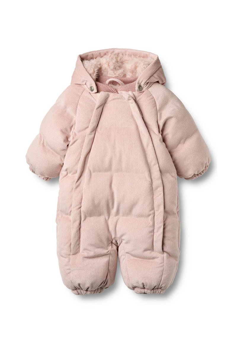 Różowy kombinezon zimowy z sztruksu z kapturem, pikowaną strukturą i elastycznymi mankietami. Posiada zatrzaski z przodu oraz miękką, polarową podszewkę.