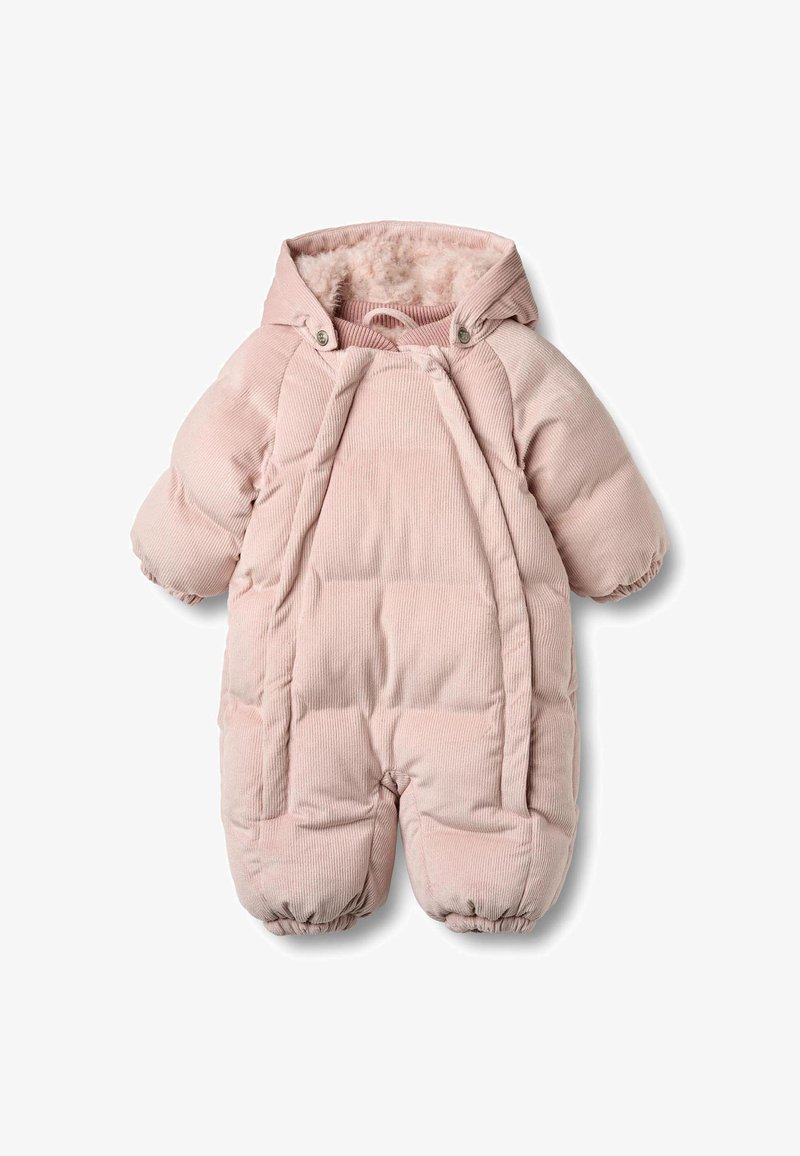 Różowy kombinezon zimowy z sztruksu z kapturem, pikowaną strukturą i elastycznymi mankietami. Posiada zatrzaski z przodu oraz miękką, polarową podszewkę.