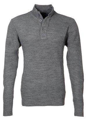 Grau gestrickter Pullover mit langen Ärmeln, geripptem Stehkragen und Vier-Knopf-Leiste in der vorderen Mitte.