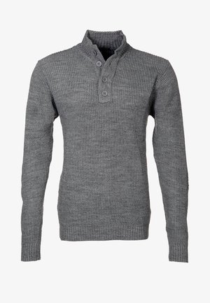 Grau gestrickter Pullover mit langen Ärmeln, geripptem Stehkragen und Vier-Knopf-Leiste in der vorderen Mitte.