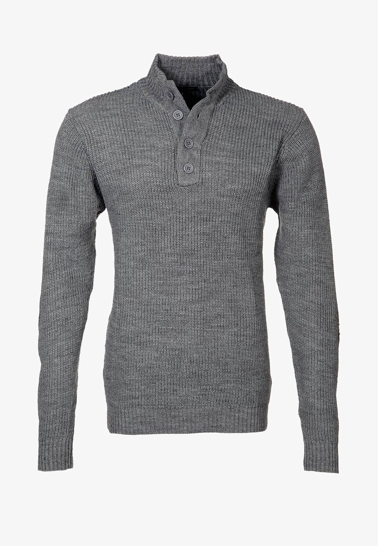 Pull gris tricoté à manches longues avec col montant côtelé et patte à quatre boutons au centre devant.