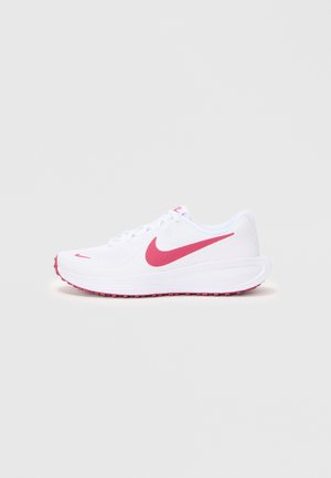 White athletic shoes featuring a pink swoosh logo. Made of mesh material with a textured surface, cushioned sole, and pink rubber outsole.
