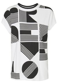 White T-shirt featuring black geometric patterns, including lines and shapes, with a round neckline and short sleeves. Soft cotton material.