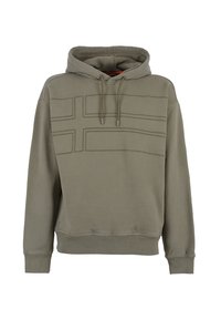 Felpa con cappuccio verde oliva, dotata di lacci e un sottile motivo rettangolare ricamato sul petto e sulle maniche superiori.