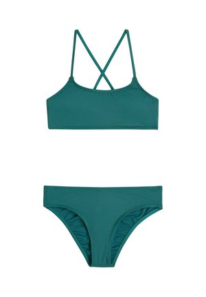 Turkusowy kostium kąpielowy w formie biustonosza z krzyżującymi się na plecach ramiączkami i regulowanymi paskami, wraz z dopasowanymi majtkami hipster. Gładka, elastyczna tkanina.
