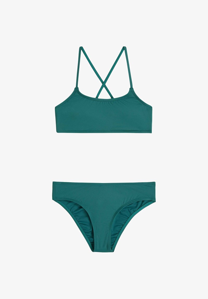 Tirkizno modrček bikink z obliko prekrižanih naramnic in nastavljivimi trakovi, s pripadajočimi boki v hipsterskem slogu. Gladek, raztegljiv material.