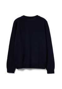 Námořnická modrá svetr, kulatý výstřih, dlouhé rukávy s žebrovanými manžetami, jemná textura, jednoduchý design, žádné viditelné vzory nebo akcenty.