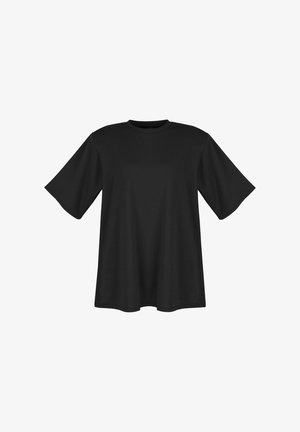 Czarny t-shirt z krótkim rękawem, wykonany z gładkiego materiału. Posiada okrągły dekolt oraz luźny, oversize'owy krój. Brak wzorów i widocznych elementów metalowych.