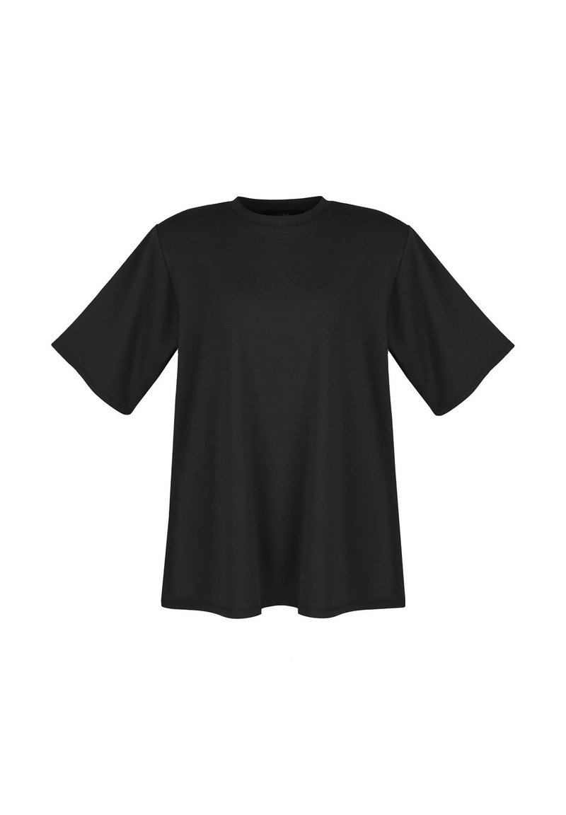 Czarny t-shirt z krótkim rękawem, wykonany z gładkiego materiału. Posiada okrągły dekolt oraz luźny, oversize'owy krój. Brak wzorów i widocznych elementów metalowych.