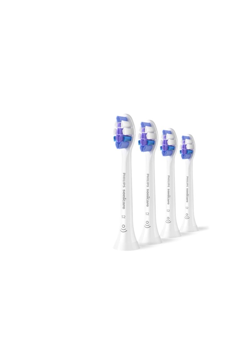 Vier witte Philips Sonicare-tandenborstelkoppen met blauwe en paarse haren, met een slank, gebogen ontwerp en gelabeld met "S2."