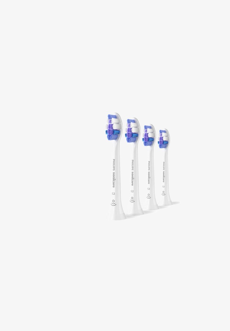 Vier witte Philips Sonicare-tandenborstelkoppen met blauwe en paarse haren, met een slank, gebogen ontwerp en gelabeld met "S2."
