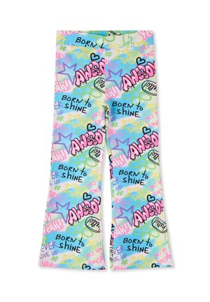 Pantaloni svasati colorati con testo stile graffiti che include "AWESOME", "BORN to shine", stelle, cuori, fiori e frasi motivazionali in tonalità pastello.