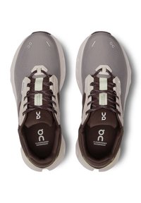 Gray and beige waterproof running shoes with a textured upper, brown laces, and a cushioned sole. Logo printed on inner lining.