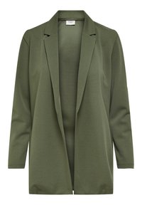 Blazer verde oliva hecho de tela suave, con cuello, frente abierto y mangas largas. El diseño es entallado con un corte relajado.