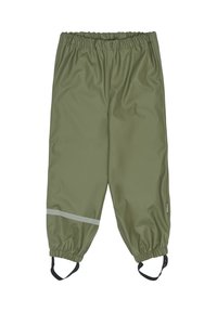 Pantalones impermeables de color verde oliva con cintura elástica, franja reflectante y correas ajustables para los pies para un ajuste seguro. Textura lisa en toda la prenda.
