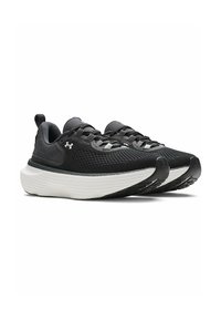 Black athletic shoes with a mesh upper, sleek design, white midsole, and rubber outsole. Features laces and pull tab for easy wear.