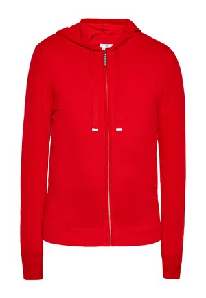 Roter Kapuzenpullover mit Reißverschluss, Kordelzug, langen Ärmeln und gerippten Bündchen sowie Saum, dargestellt vor weißem Hintergrund.