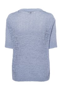 Lichtblauw kortekleding trui met korte mouwen, een losse brei ontwerp, ronde halslijn en zijsplitten voor ventilatie en comfort.