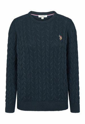 Tumši zilas krāsas adīts džemperis ar apaļu kakla izgriezumu un ribotiem piedurkn�ēm. Tam ir neliels izšūts logo kreisajā krūtī.