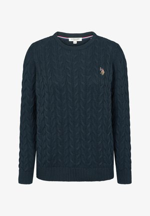 Marineblauwe kabel gebreide trui met een ronde halslijn en ribbels aan de mouwen. Heeft een klein geborduurd logo op de linkerborst.