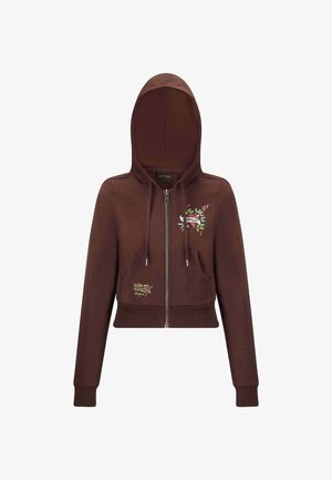 Brauner, kurzes Hoodie mit einem Frontreißverschluss, zwei Taschen und gestickten Akzenten mit bunten Details. Material aus Baumwollmischung.