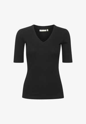 Black ribbed short-sleeve top with a v-neck design, featuring a fitted silhouette and smooth texture. Simple and versatile for layering.