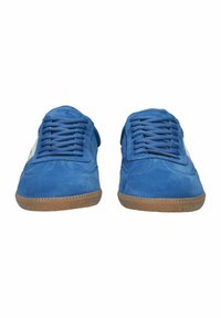 Mėlyni aksominiai sportbačiai su guminiu padu, su raišteliais ir baltais akcentais. Lygi tekstūra ir apvalios formos dizainas.