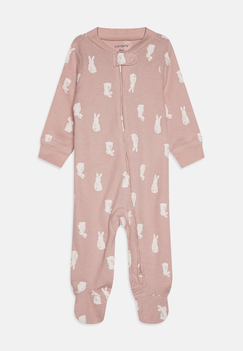Body per neonati color rosa con maniche lunghe, texture a costine, motivo di coniglietto bianco e chiusura a bottoni a scatto sul collo. Include piedi.
