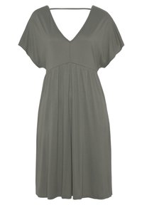 Olivgrünes Kleid aus weichem, leichtem Stoff. Mit V-Ausschnitt, kurzen Ärmeln und einer gerafften Taille für eine lockere Passform.
