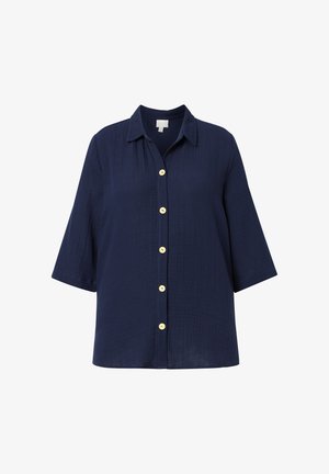 Marineblaues Dreiviertelarmhemd mit vorderen Knöpfen und klassischem Kragen aus strukturiertem, leichtem Stoff.