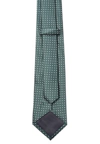 Cravatta verde con una texture a coste verticali, caratterizzata da pois bianchi. La punta è appuntita e il lato sottostante presenta un motivo a righe nere in contrasto.
