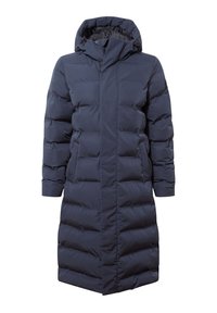 Long navy blue padded winter coat with a hood, front zipper closure, and side pockets, designed for cold weather.