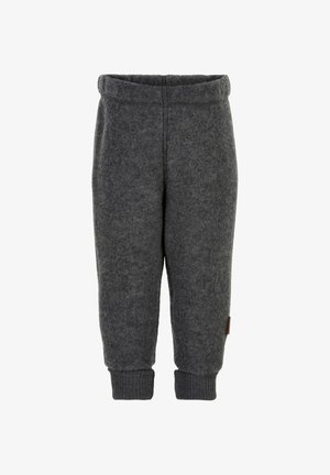 Pelēkas flīsa bikses ar mīkstu faktūru, elastīgu jostasvietu un ribota auduma manžetēm. Sānos ir maza logotipa etiķete.