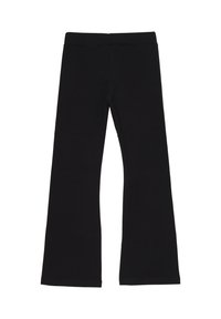 Leggings neri a campana realizzati in un tessuto morbido e elastico. Presentano una vita alta e una superficie liscia e senza decorazioni.