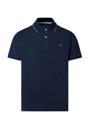 Mørkeblå polo med korte ærmer, to hvide knapper, hvid kant på kraven og lille logo med krydsede golfkøller på venstre bryst.