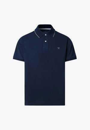 Mørkeblå polo med korte ærmer, to hvide knapper, hvid kant på kraven og lille logo med krydsede golfkøller på venstre bryst.