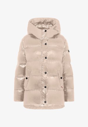 Beige glänzende Steppjacke mit Kapuze, langen Ärmeln, Knöpfen auf der Vorderseite und zwei Seitentaschen mit Knopfverschlüssen.